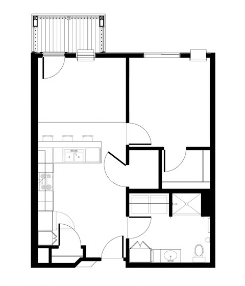 Floor plan for 1 bed, 1 bath, 653 sqft